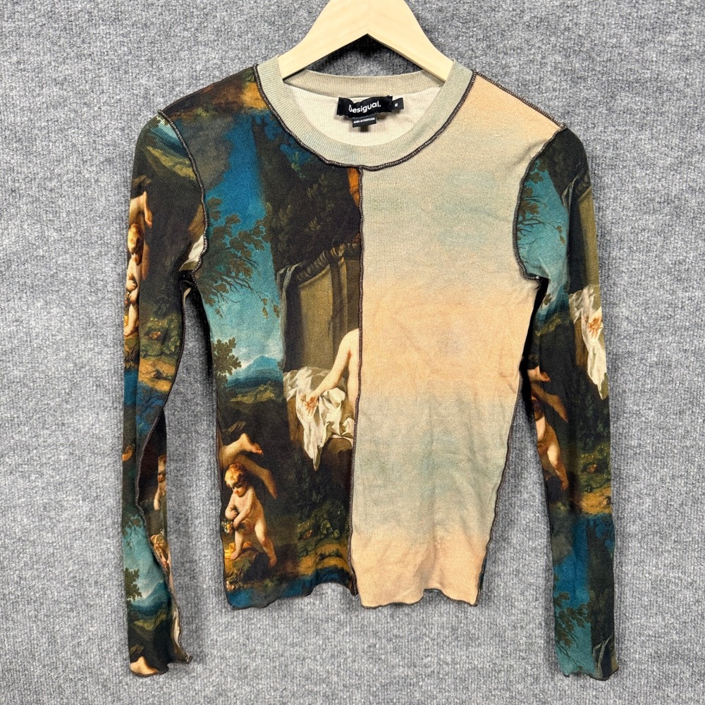 Desigual Size Medium Tee Tan Black Graphics Crew Neck Cherubs Slim Fit Artsy - Picture 2 of 8